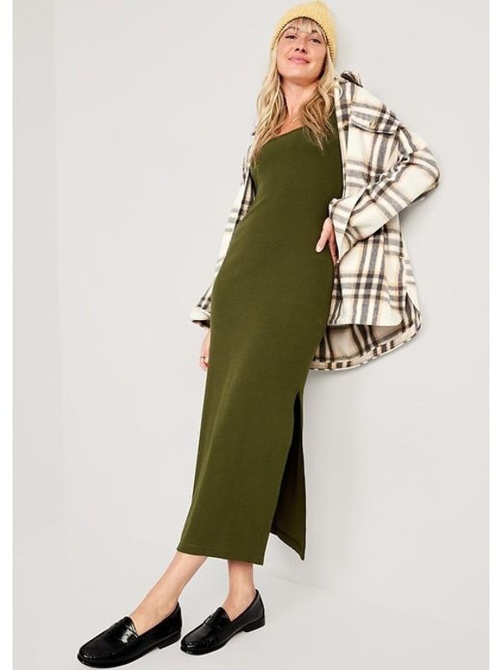 Old Navy Ribknit Square Neck Bodycon Cotton Long Sleeve Midi Maxi Conifer Dress